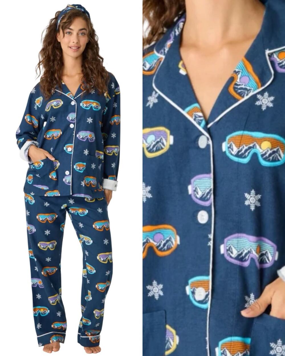 PJ Salvage Ski You Later 3PC Flannel Pajama Set XL Blue Goggles Headband NWT